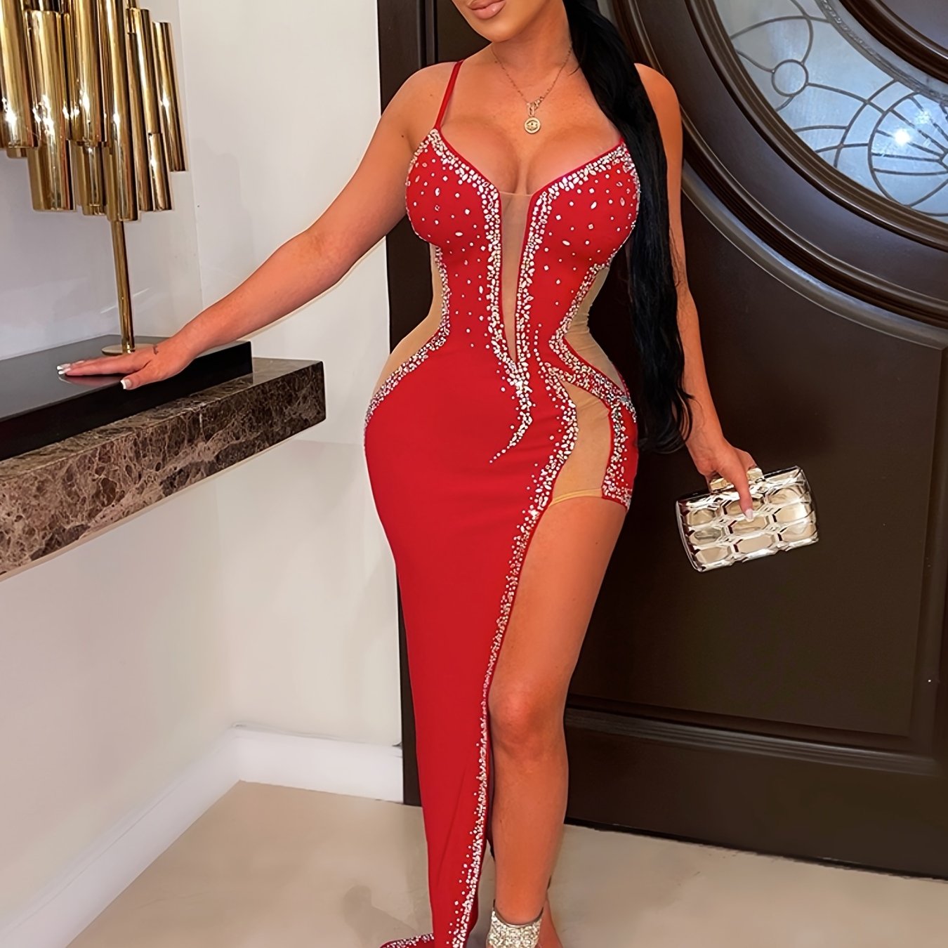 Women'S Sexy Rhinestone Long Dress, Asymmetrical Hem, Slingback, Sleeveless, Strapless Collar, Bodycon Knit Fabric, Polyester 95% Spandex 5% - All-Season Party Wear