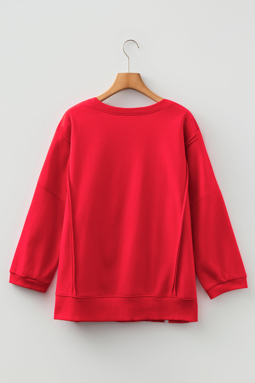 Fiery Red Floral Bow Patched Exposed Seam Patchwork Slit Baggy Sweatshirt