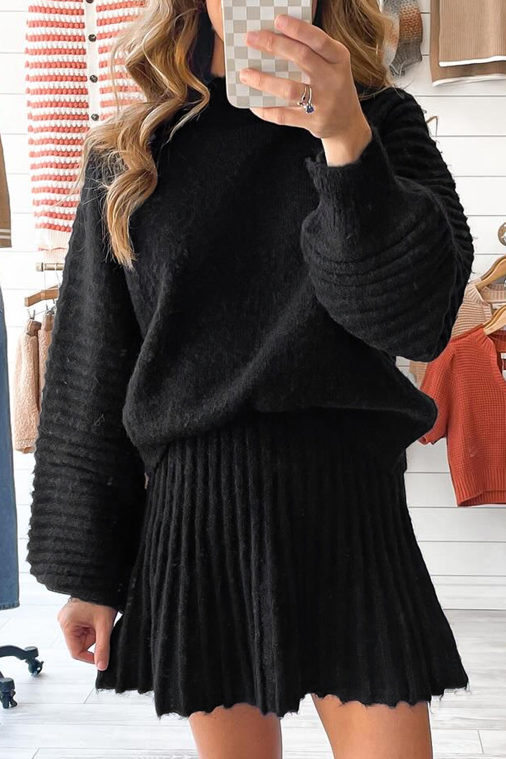 Black High Neck Puff Sleeve Sweater Pleated Mini Skirt 2pcs Knitted Outfit