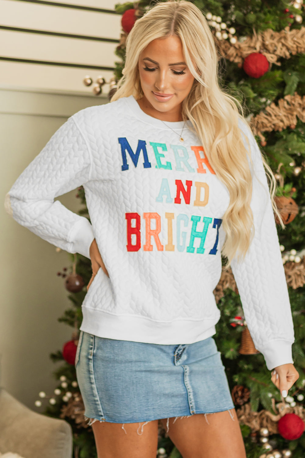 Dearlovers White Merry And Bright Cable Knit Pullover Sweatshirt