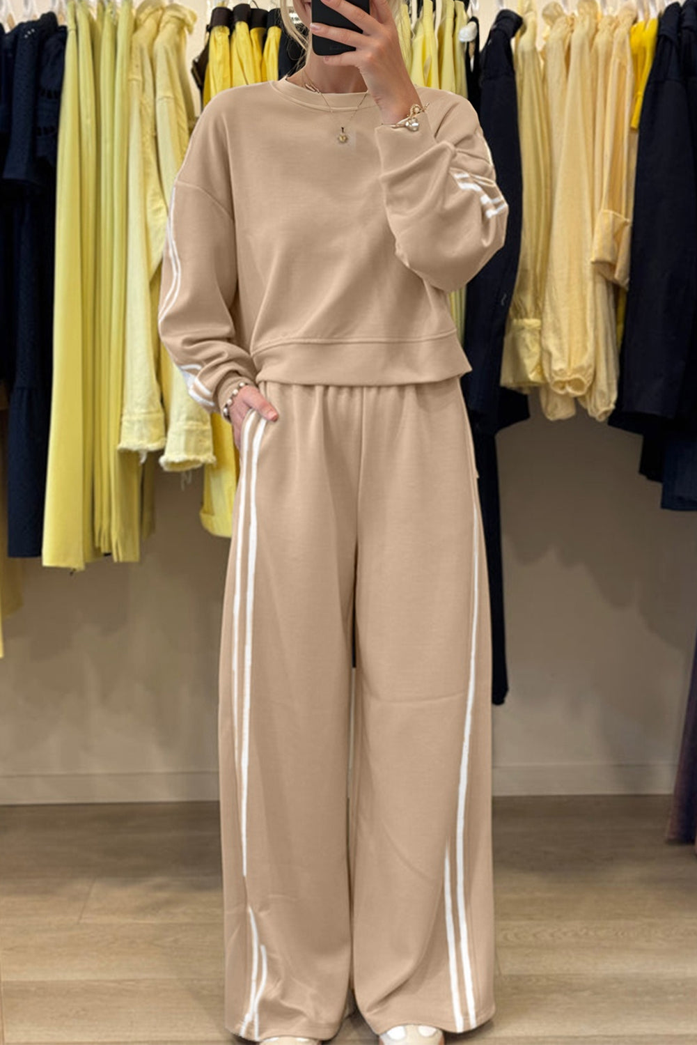 Fiery Red Varsity Striped Detail Crewneck Pullover Elastic Sweatpants 2pcs Outfit