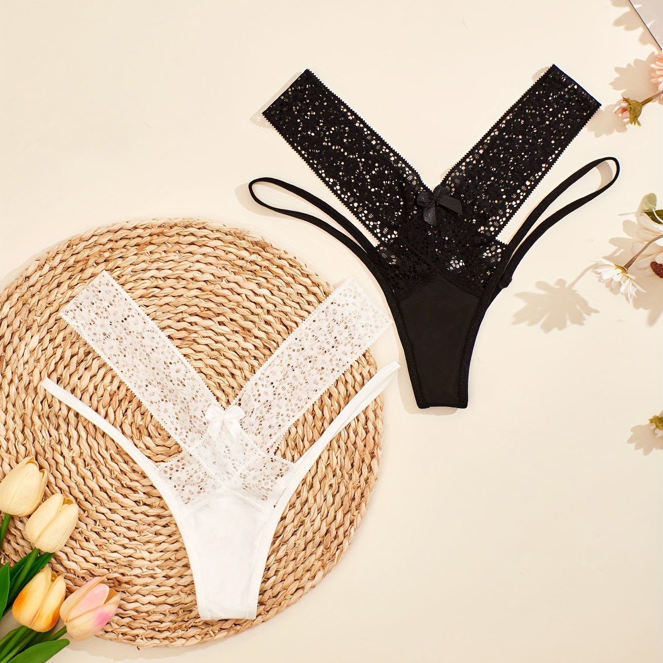 Women's Sexy Lace Underwear - Breathable Low-Rise Seamless Hip Lift Panties with Cross-Back Bow & Semi-Sheer Panels, V-String Triangle Cut - Comfortable Everyday & Special Occasion Lingerie (Hand Washable)