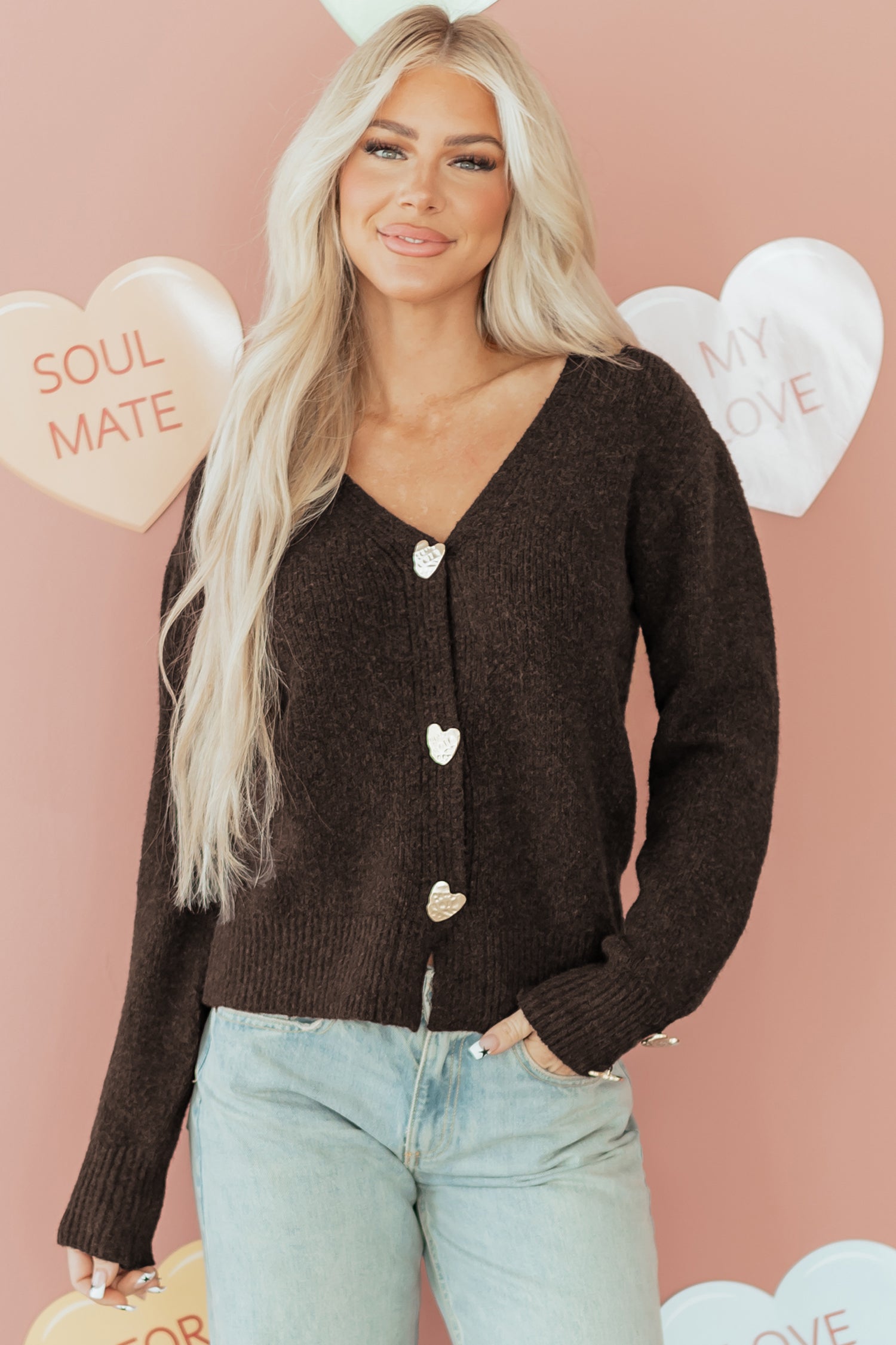 Chicory Coffee Heart Metal Button V Neck Cardigan Sweater