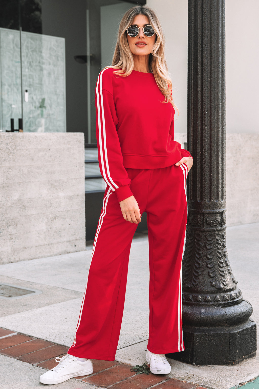 Fiery Red Varsity Striped Detail Crewneck Pullover Elastic Sweatpants 2pcs Outfit
