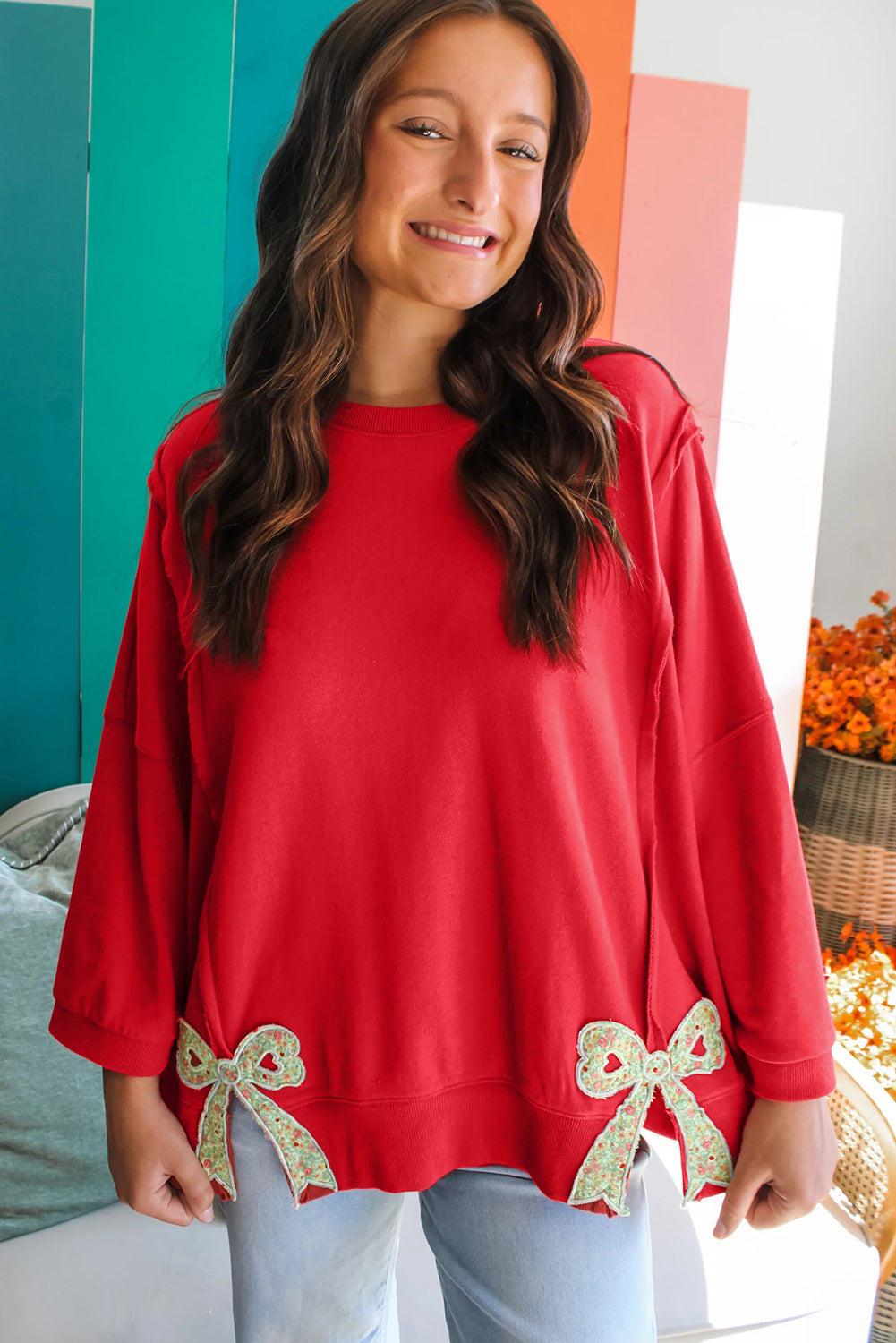 Fiery Red Floral Bow Patched Exposed Seam Patchwork Slit Baggy Sweatshirt