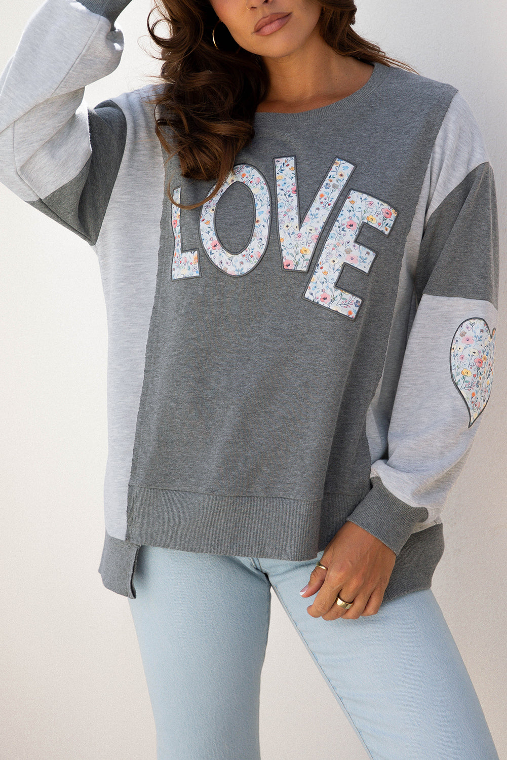 Dark Grey LOVE Graphic Exposed Seam Patchwork Uneven Hem Chic Sweatshirt