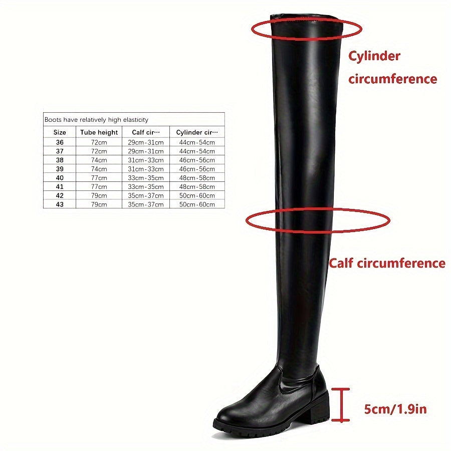 Women's Chunky Platform High Heel Knee-High Boots with Round Toe & Side Zipper - PU Wedding, Party & Formal, Thick Heel TPR Sole, Soft (Black) - Dress Boots for Year-Round Wear