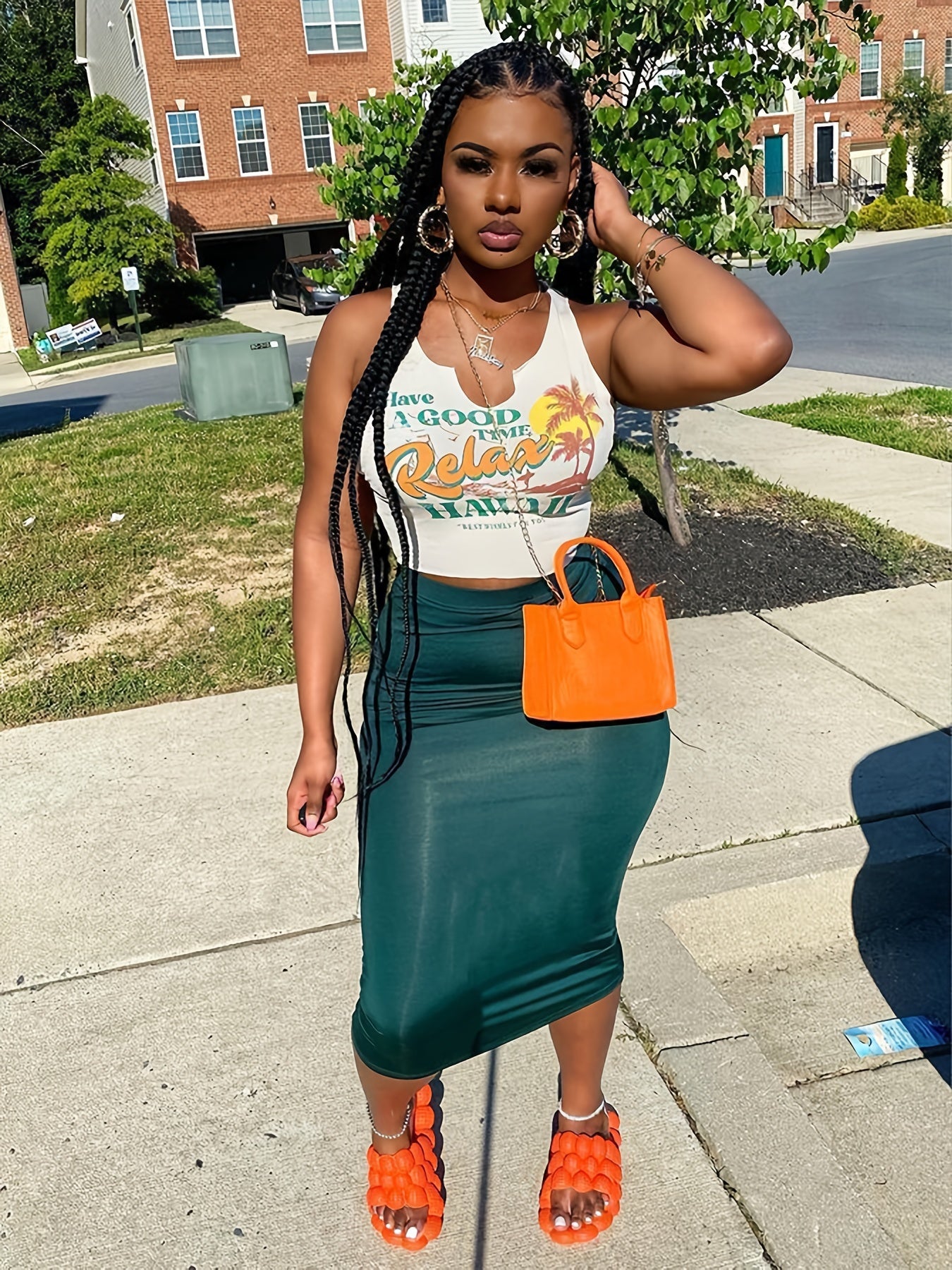 Coconut Tree Print Holiday Tank Top, Irregular Bare Midriff Round Neck Mature Tank Top, Women's Clothing