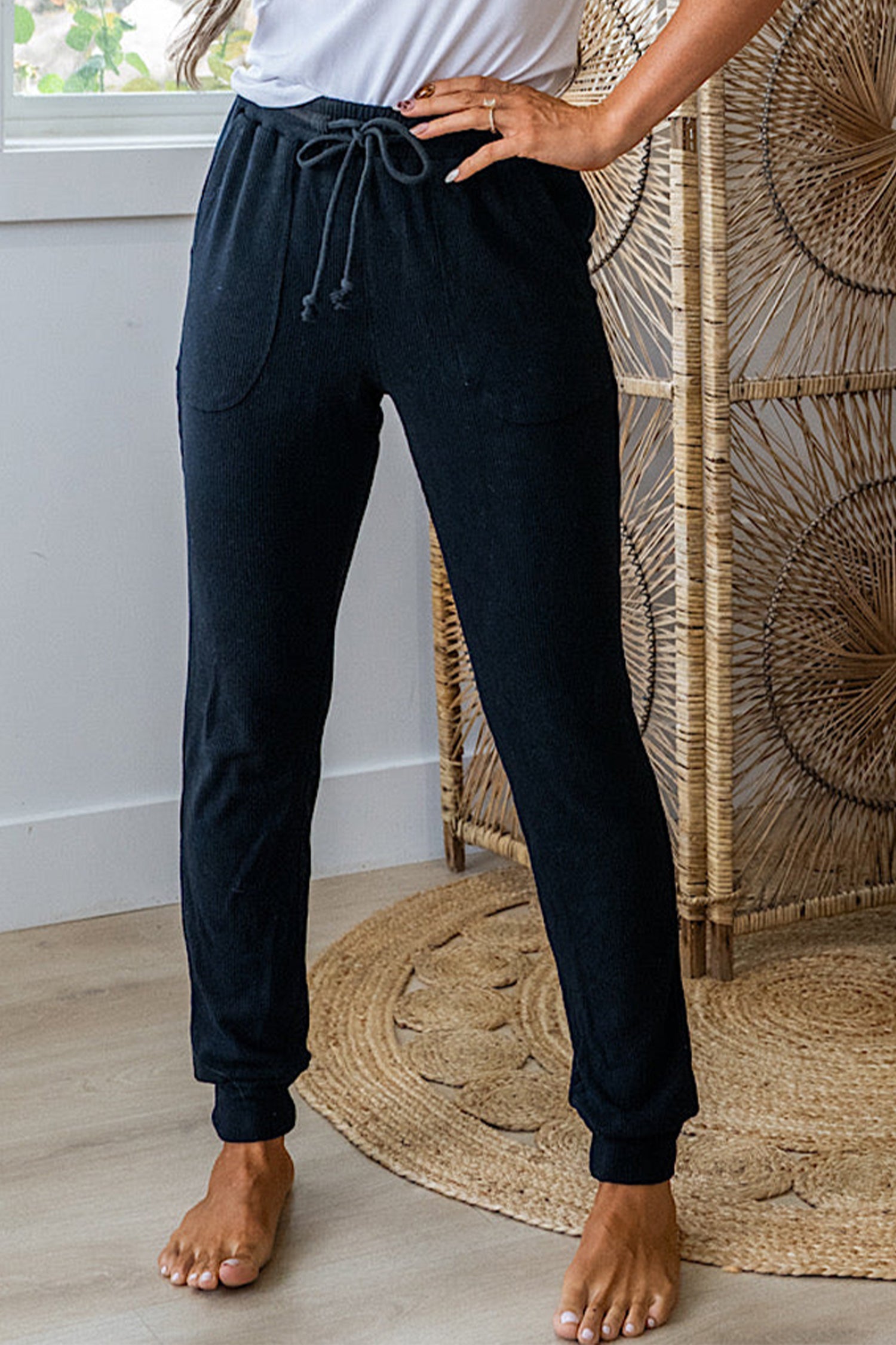 Black Ribbed Drawstring Active Jogger Pants