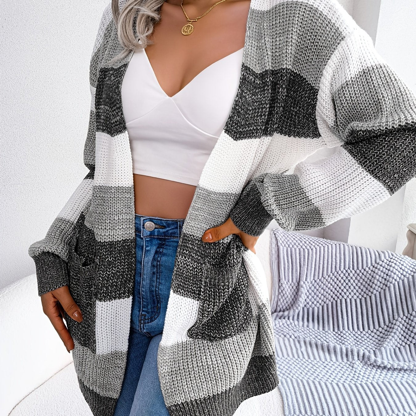 Striped Colorblock V-neck Cardigans, Casual Loose Drop Shoulder Long Sleeve Fall Winter Knit Cardigan, Women's Clothing