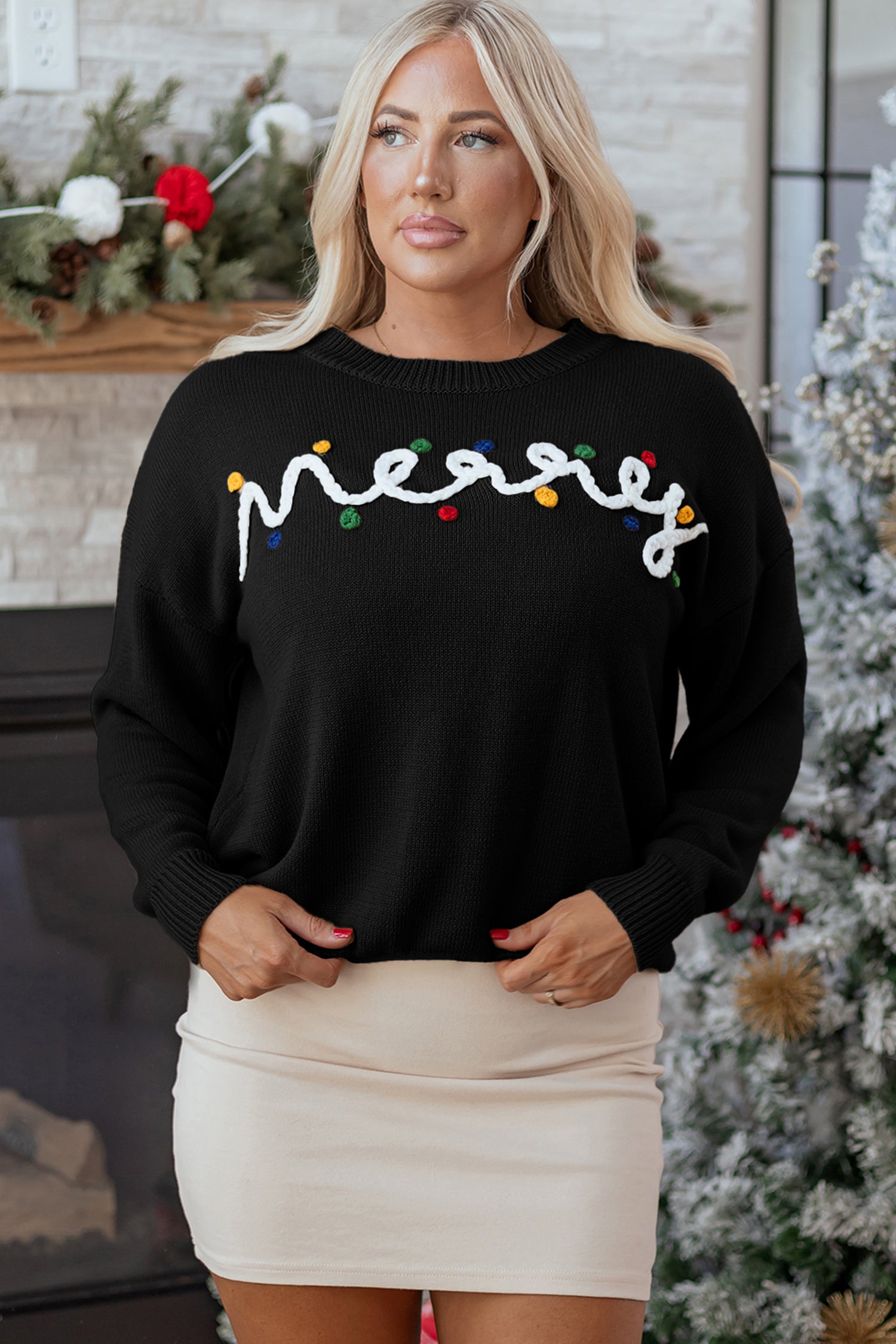 Smoke Gray Merry Colorful Dot Detail Christmas Drop Shoulder Sweater