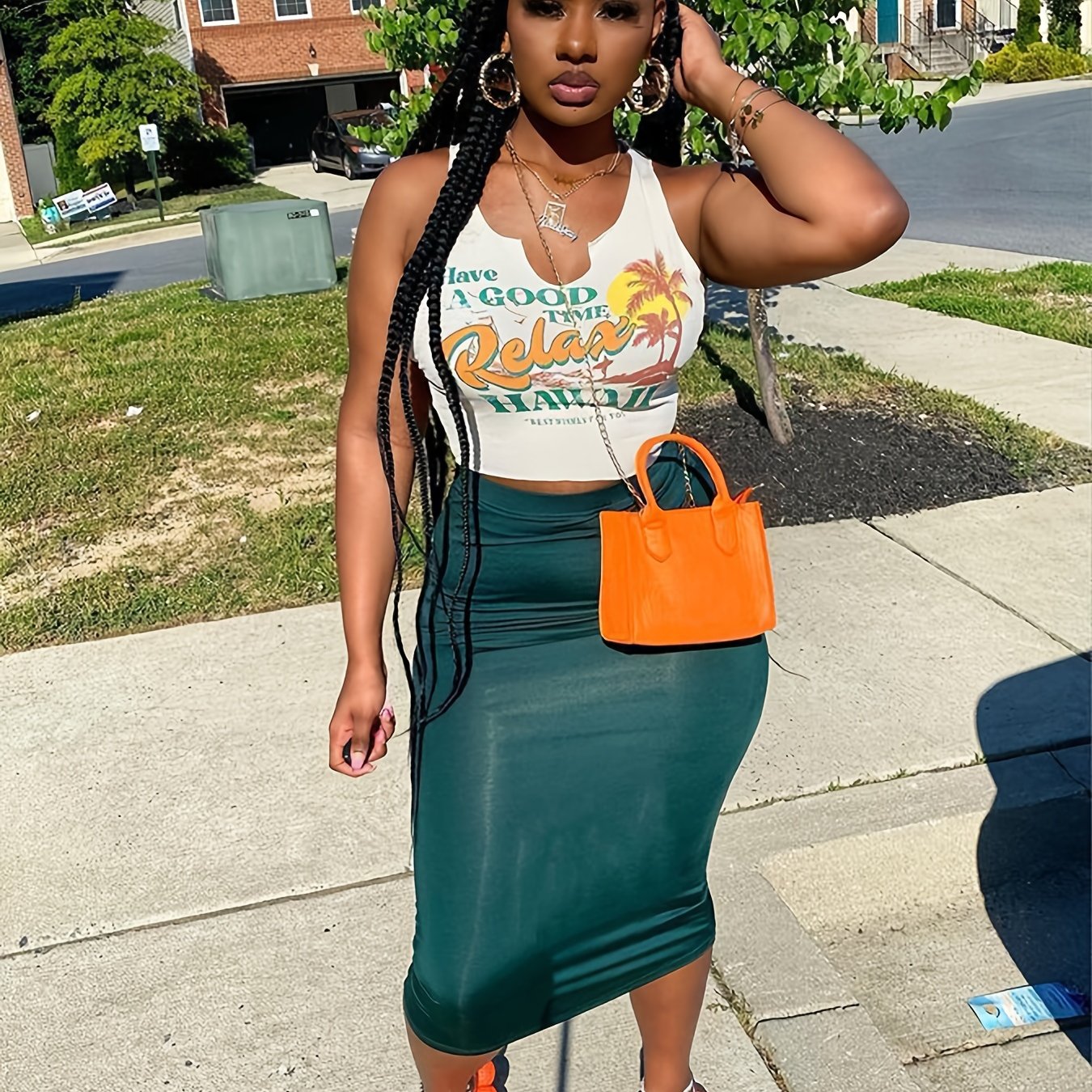 Coconut Tree Print Holiday Tank Top, Irregular Bare Midriff Round Neck Mature Tank Top, Women's Clothing