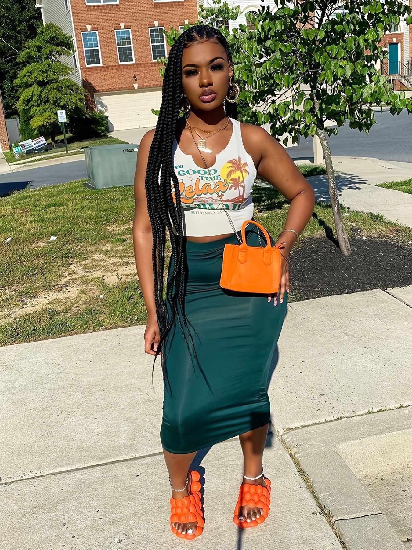 Coconut Tree Print Holiday Tank Top, Irregular Bare Midriff Round Neck Mature Tank Top, Women's Clothing