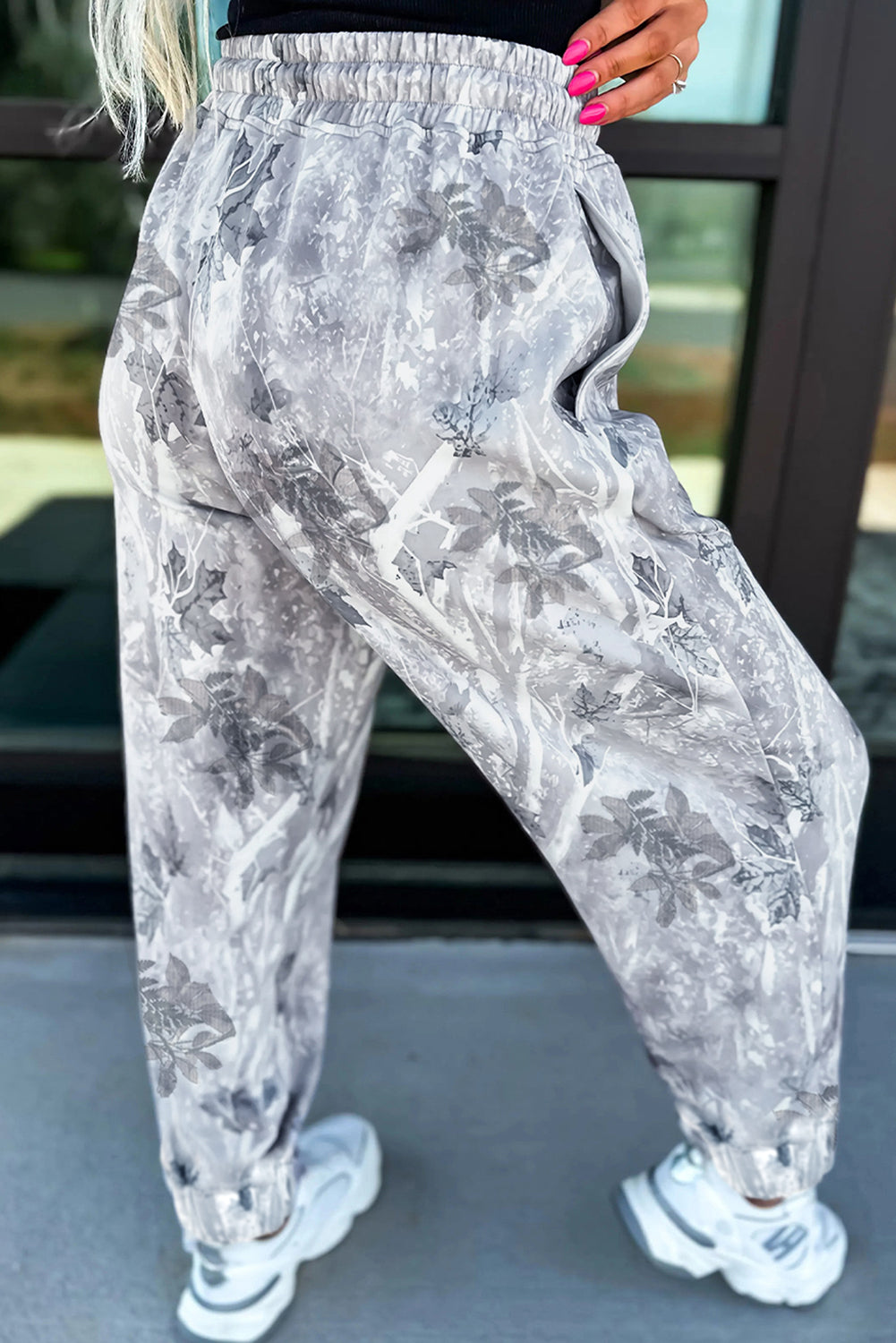 Gray Camo Print Cozy Drawstring Elastic Waist Jogger Pants