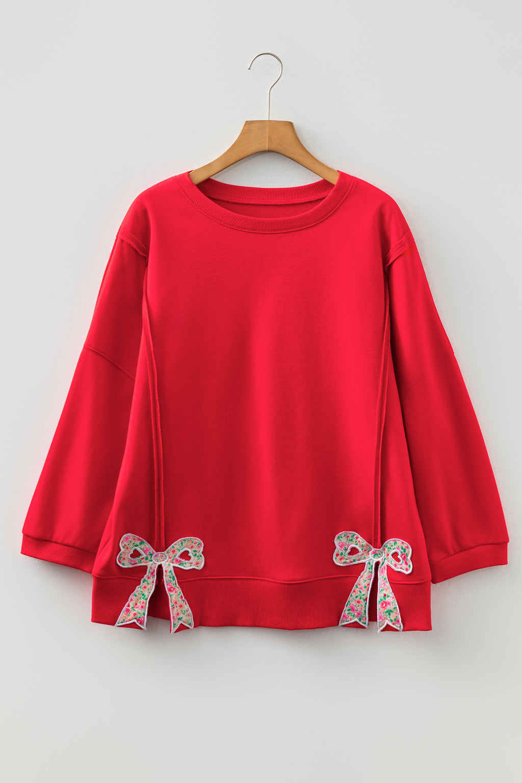 Fiery Red Floral Bow Patched Exposed Seam Patchwork Slit Baggy Sweatshirt