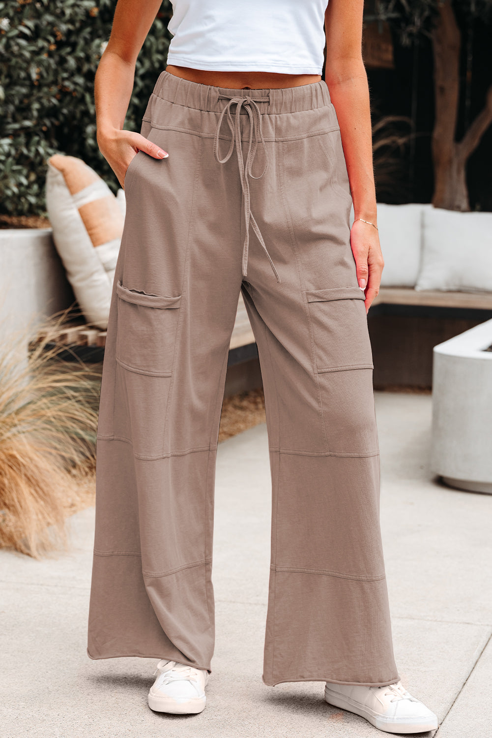 Black Mineral Wash Exposed Seam Drawstring Elastic Waistband Wide Leg Cargo Pants
